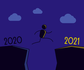 Person jumping towards the new year and leaving 2020 behind. New year 2021 shining bright symbolizing hope. Vector illustration design