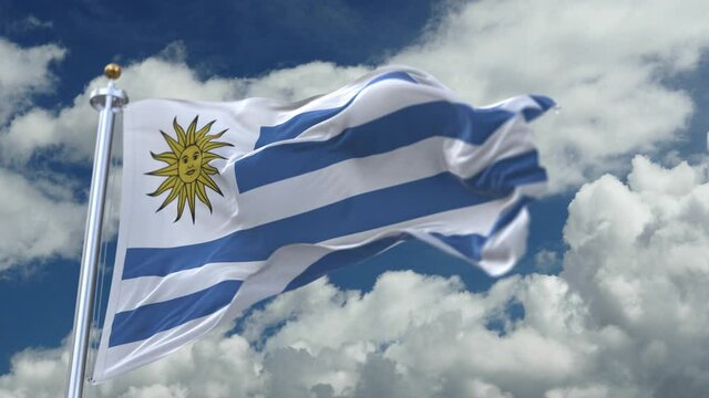 4k looping flag of Uruguay with flagpole waving in wind;timelapse rolling clouds background.A fully digital rendering.