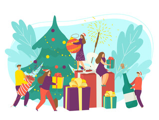 Happy new year celebration with holiday gift concept, vector illustration. Cartoon christmas tree and flat people character hold present. Man woman celebrate winter party design background.