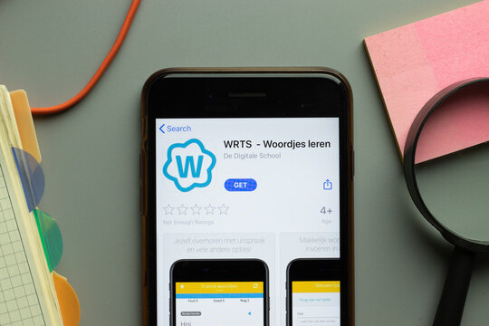 New York, USA - 26 October 2020: WRTS Woordjes leren mobile app logo on phone screen close up, Illustrative Editorial
