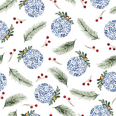 Christmas holiday background, seamless repeat pattern with watercolor Christmas ornaments, fir tree and berries, Christmas and winter holiday watercolor decoration 