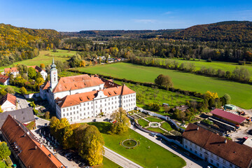 Aerial view Schäftlarn monastery, Isar valley, Upper Bavaria, Bavaria, Germany,