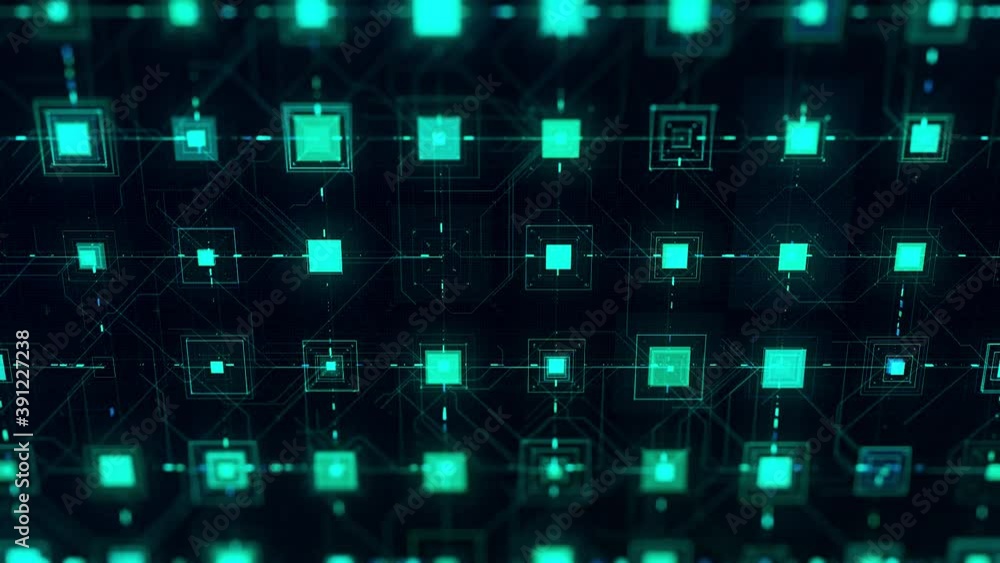 Poster abstract computer chip or circuit board background. animation. blue moving signals on black backgrou
