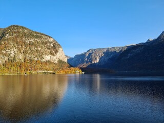 Sunset in Hallstatt mountain village with Hallstatter See in fall, Austria.