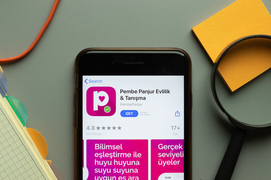 New York, USA - 26 October 2020: Pembe Panjur Evlilik mobile app logo on phone screen close up, Illustrative Editorial