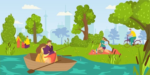 People at park, summer leisure near river concept, vector illustration. Happy outdoor activity lifestyle, young man woman character at cartoon nature. Family walk at green landscape