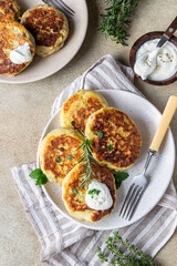 Delicious vegetable cutlets with potato and mushroom served with aromatic herbs and sauce. Healthy diet food concept. Vegan food. Top view.