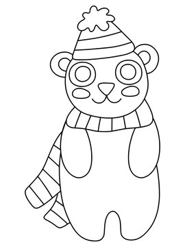 Cute little bear with hat and scarf coloring page stock vector illustration. Funny winter holidays character for printing, coloring and fun. Cartoon character young animal black outline white isolated