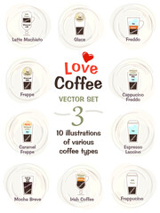 10 simple vector illustrations of various types of coffee