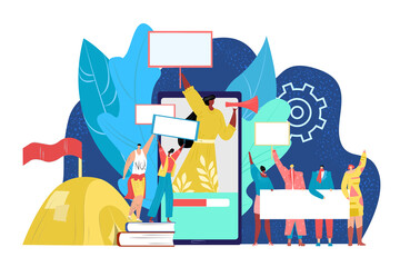 Woman at cartoon smartphone, activist person at protest vector illustration. Female male people character near huge mobile screen. Online teenager protester at social media concept.