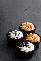 Set of mini cupcakes on black stone background