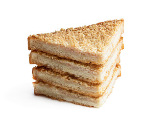 Sesame seeded prawn toasts isolated on white