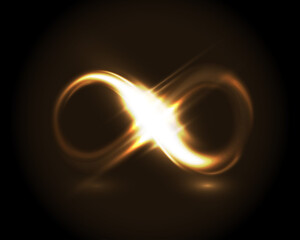 Golden glow infinity symbol. Neon sign smooth light line isolated on dark background. Vector light special effect illustration