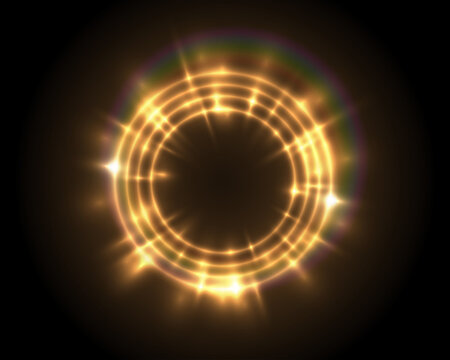 Vector round shiny frame with rainbow lens flare special effect. Luxury golden light ring. Abstract Glow circle on dark background. Festive tech banner
