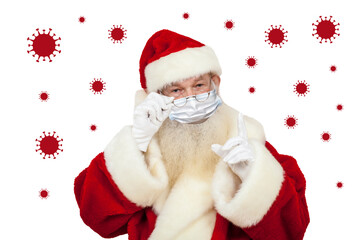 Weihnachtsmann mit Maske und Corona Virus Illustrationen im Hinrtergrund