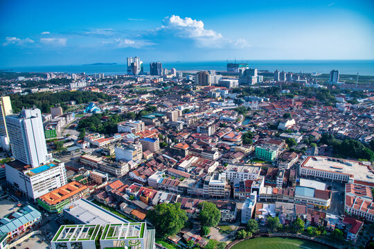 MALACCA, MALAYSIA - DECEMBER 29, 2019: Amazing aerial city skyline on a beautiful sunny day