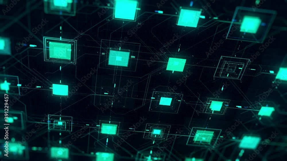 Poster abstract computer chip or circuit board background. animation. blue moving signals on black backgrou