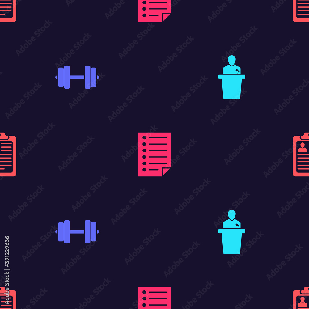 Poster set speaker, dumbbell, document and clipboard with resume on seamless pattern. vector.