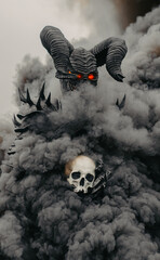 Mutant warrior stands and holds human skull in his hands among black smoke.