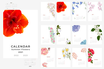 2021, 2022, 2023 calendar template with a floral theme
