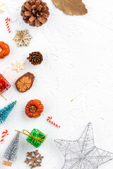 Top view of Christmas holiday background. Composition of festive ornament decor flatlay.