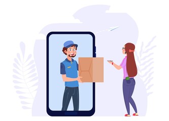 Online delivery. Post man with box, woman and parcel. Mobile app, logistic service vector concept. Illustration post service order, box delivery online