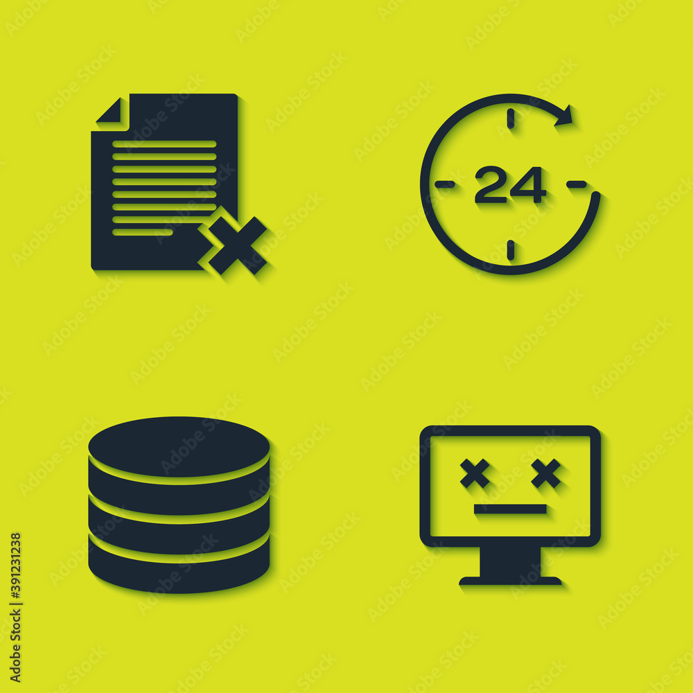 Poster set delete file document, dead monitor, database and clock 24 hours icon. vector.