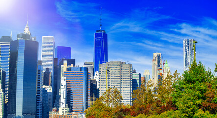 Lower Manhattan skyline on a beautiful sunny day, New York City