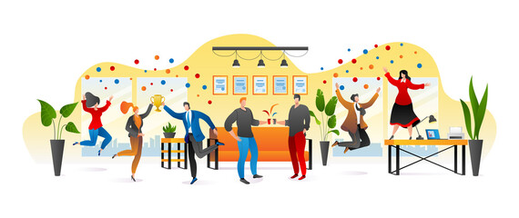 Happy office people, vector illustration. Business team with man woman cartoon character, businessman businesswoman teamwork. Professional successful corporate group work in office.