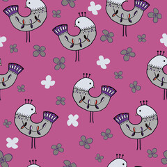 Vector fantasy whimsical birds on seamless pattern background.