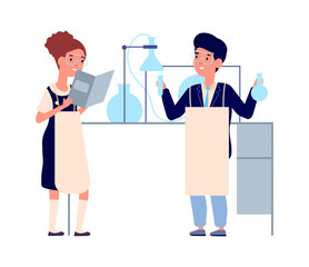 Obraz na płótnie Canvas Children science. Chemistry scientific experiment, kids lab with equipment. Isolated school smart boy girl vector characters. Illustration experiment in school laboratory