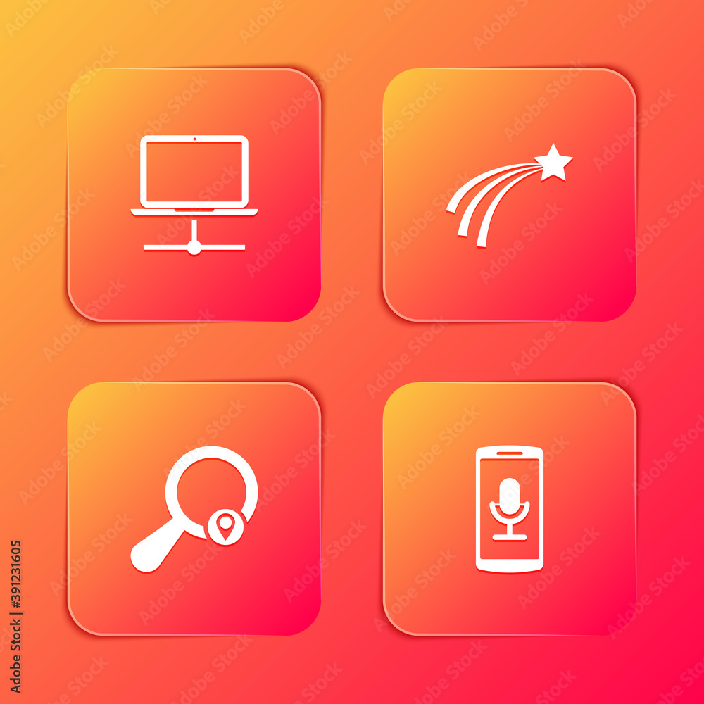 Poster set computer network, falling star, search location and mobile recording icon. vector.