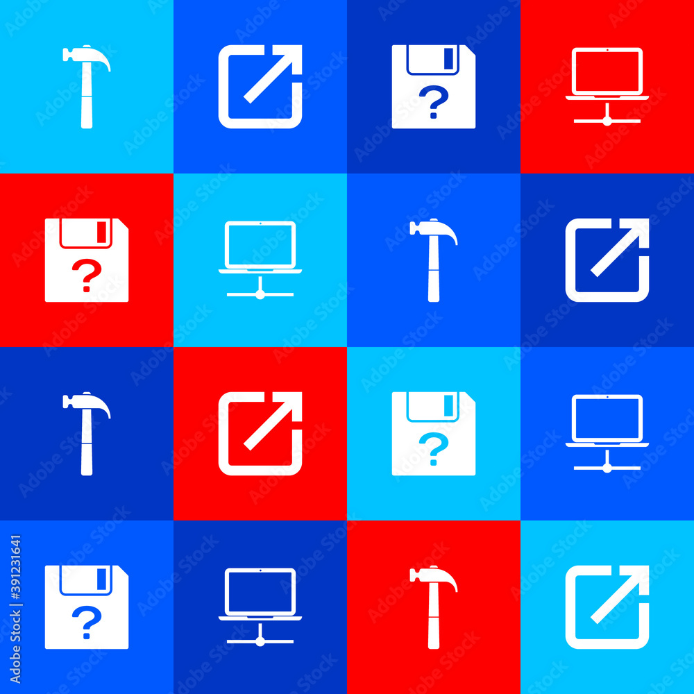 Poster set hammer, open in new window, unknown document and computer network icon. vector.