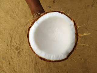 Half coconut in the hands of a boy on a gray background..