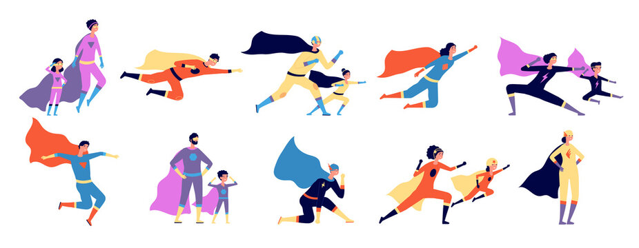 Superhero family. Parents kids in costume, strong super man characters. Isolated heroes father mother, utter cartoon power people vector set. Illustration family hero, strong kid and father mother