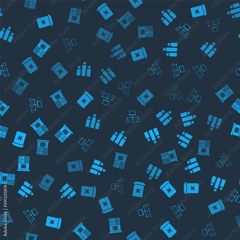 Poster set trash can, ranking star, computer network and mail server on seamless pattern. vector.