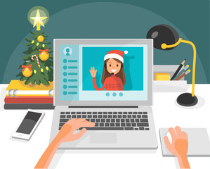 Christmas, new year greeting chating over video chat. Front view picture illustration of office manager workplace, working place, desk and laptop and someones worker user hands.