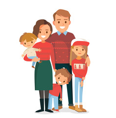Christmas, new year portrait of big happy family standing together in festive outfit, clothes, dress, attire. Vector people siblings, relatives. Mother and father with babies, children, mom, dad.