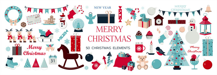 Huge set of Christmas icons and elements. Fifty Christmas images for decorating cards, ads, banners, flyers, and invitations. Cute illustrations in flat design for Christmas eve and new year