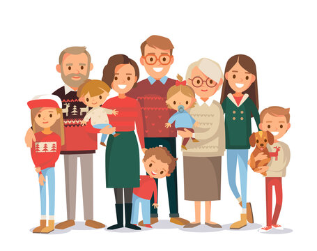 Christmas big happy multi-generational family siblings relatives portrait. Vector people. Seniors mother and father with babies, children grandchildrens and grandparents. Grandma grandpa mom dad..