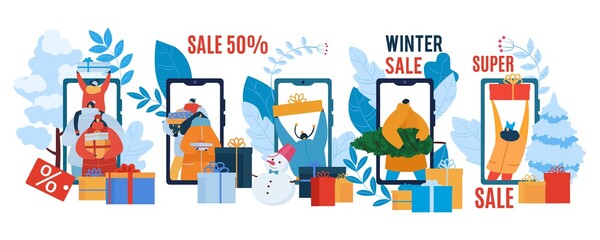 Winter sale flat banner, vector illustration. Online mobile christmas sale, business shop app in smartphone. People character buy at web design, making purchase with payment concept.