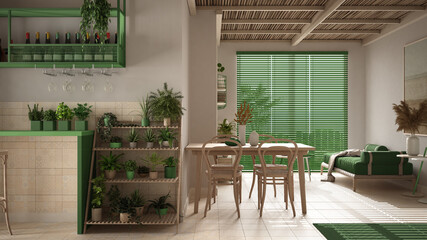 Cosy wooden sustainable living room in green tones with bamboo ceiling. Sofa, dining table with chairs. Ceramic tiles floor and potted plants. Environmental friendly interior design