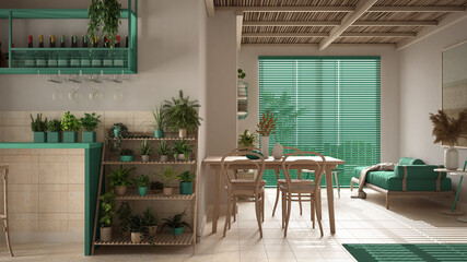 Cosy wooden sustainable living room in turquoise tones with bamboo ceiling. Sofa, dining table, chairs. Ceramic tiles floor and potted plants. Environmental friendly interior design