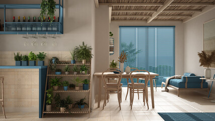 Cosy wooden sustainable living room in blue tones with bamboo ceiling. Sofa, dining table with chairs. Ceramic tiles floor and potted plants. Environmental friendly interior design