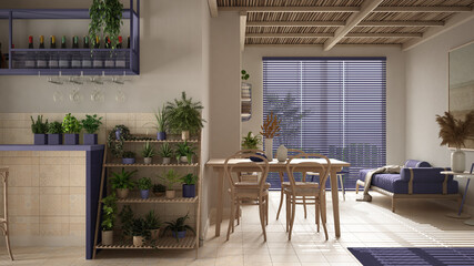 Cosy wooden sustainable living room in purple tones with bamboo ceiling. Sofa, dining table with chairs. Ceramic tiles floor and potted plants. Environmental friendly interior design