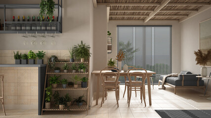 Cosy wooden sustainable living room in gray tones with bamboo ceiling. Sofa, dining table with chairs. Ceramic tiles floor and potted plants. Environmental friendly interior design