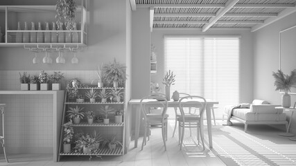 Total white project of cosy sustainable living room with bamboo ceiling. Sofa, dining table, chairs. Ceramic tiles floor and potted plants. Environmental friendly interior design