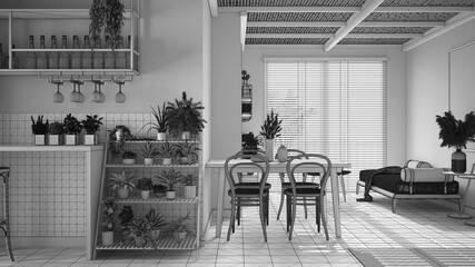 Unfinished project of cosy sustainable living room with bamboo ceiling. Sofa, dining table, chairs. Ceramic tiles floor and potted plants. Environmental friendly interior design