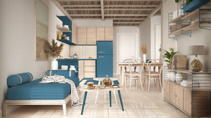Cosy wooden sustainable living room and kitchen in blue tones with bamboo ceiling. Sofa, shelves, dining table, chairs. Ceramic tiles floor. Environmental friendly interior design