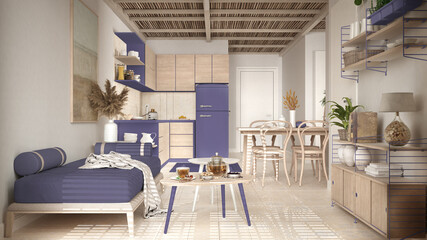 Cosy wooden sustainable living room and kitchen in purple tones with bamboo ceiling. Sofa, shelves, dining table, chairs. Ceramic tiles floor. Environmental friendly interior design